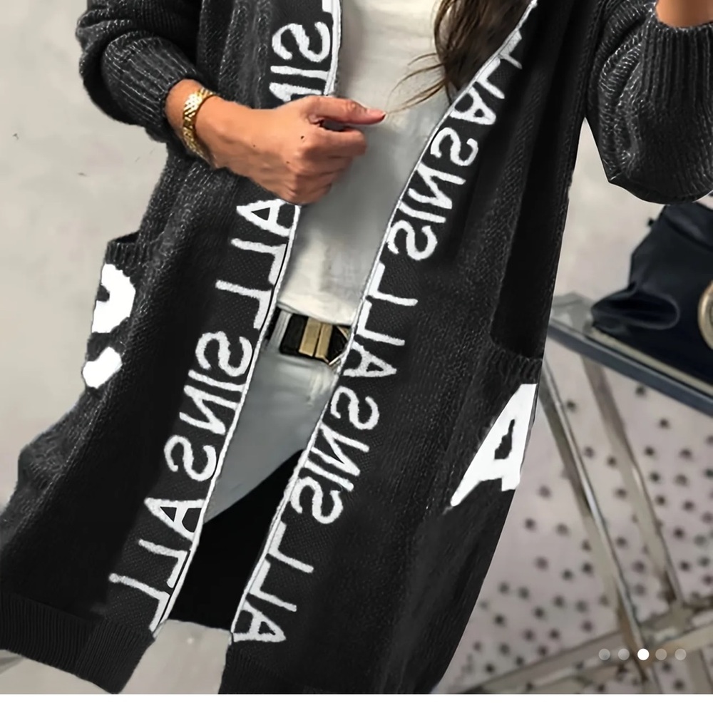 Black and White Cardigan with Vertical Text Design Size: 3XL